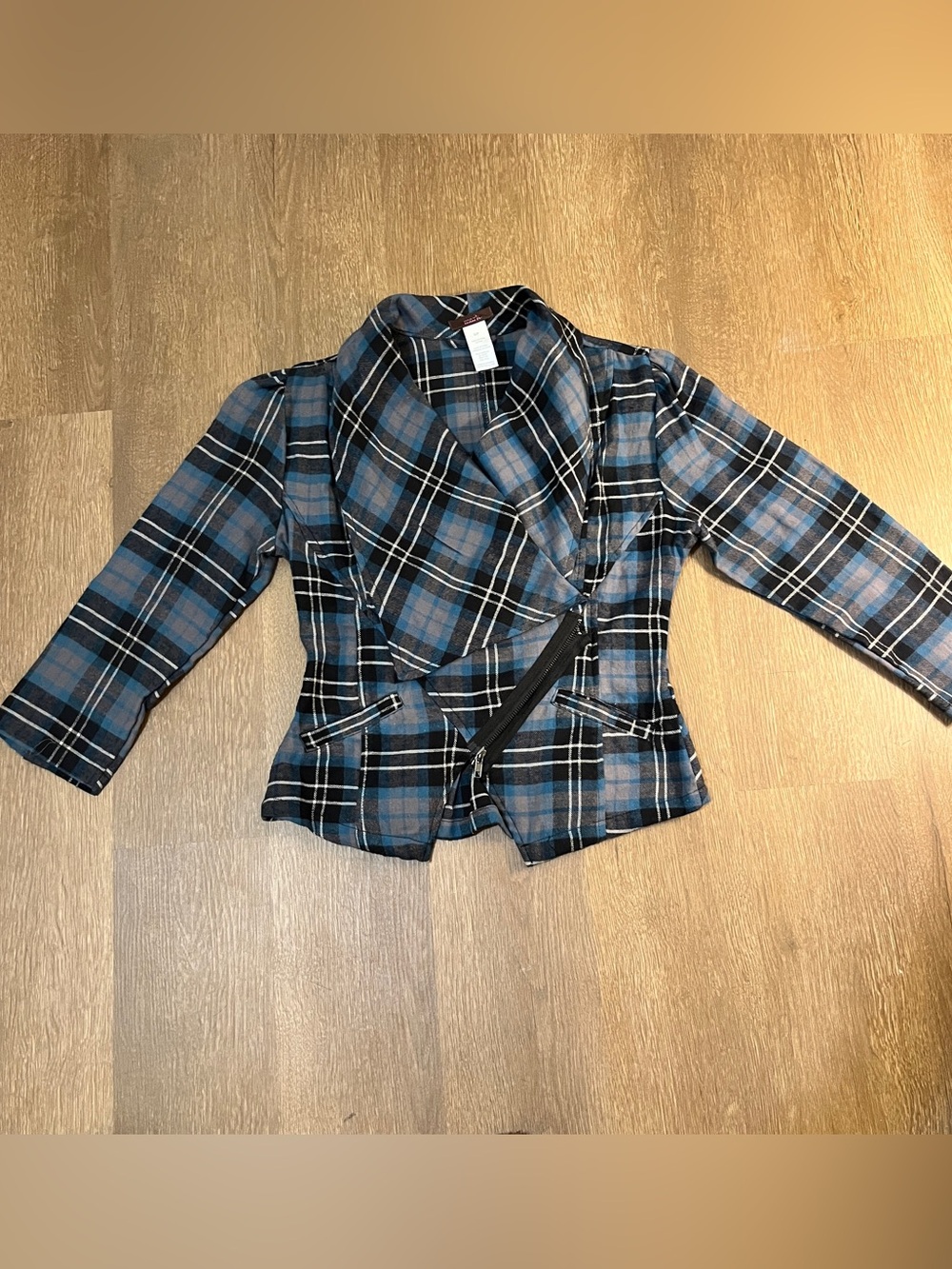 Mark. Blue Plaid Flannel Peplum Moto Jacket /Asymmetric Zip Blazer
